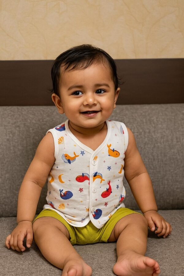 Baby Cotton Printed Sleeveless Tops (6-12m)(Pack of 5, Unisex, Front-Open)