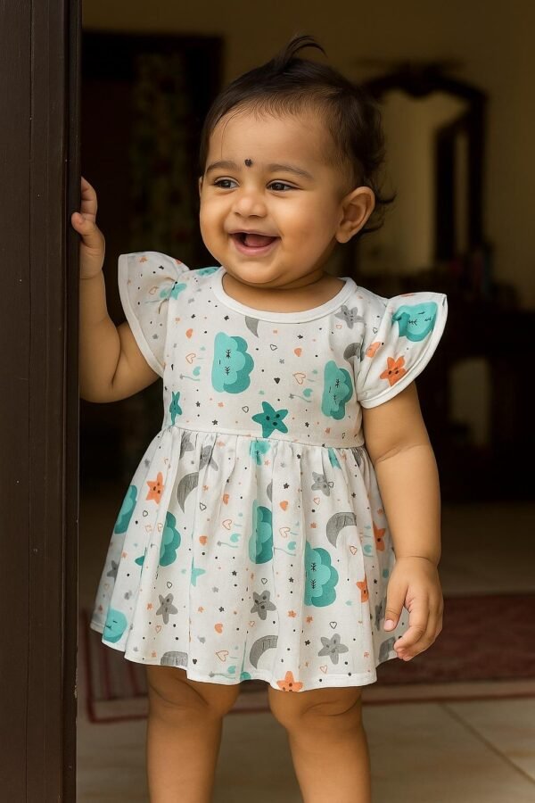 Baby Girl Cotton Flutter Sleeve Frock with Adorable Prints – White Base (0-6m) (Pack of 3)