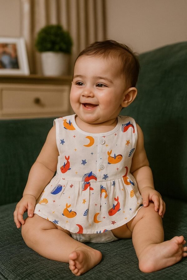 Baby Girl Cotton Sleeveless Frock with Adorable Prints – White Base (0-6m) (Pack of 3)
